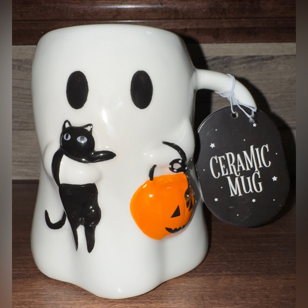 🥰 Halloween Ghost 👻 with Black Cat 🐈⬛ Mug 'Feline Spooky' by Sunday Morning